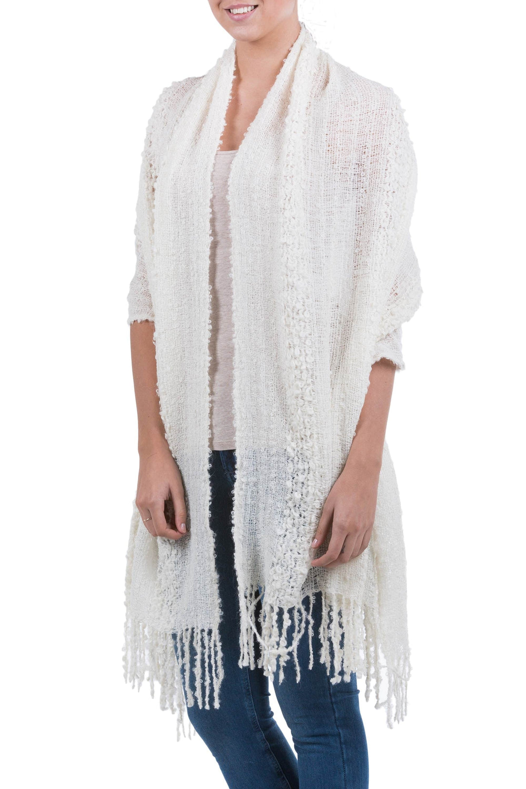 Artisan Crafted Alpaca Wool Patterned Shawl - Versatile Ivory