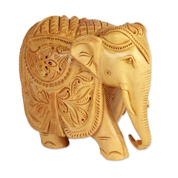 5-Inch Wood Elephant Sculpture Hand Carved in India - Majestic Elephant