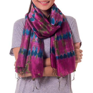 Tie Dyed Handmade Magenta Silk Scarf from Thailand - Orchid Illusion