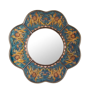 Andean Reverse Painted Glass Blue Floral Wall Mirror - Blue Cajamarca Blossom