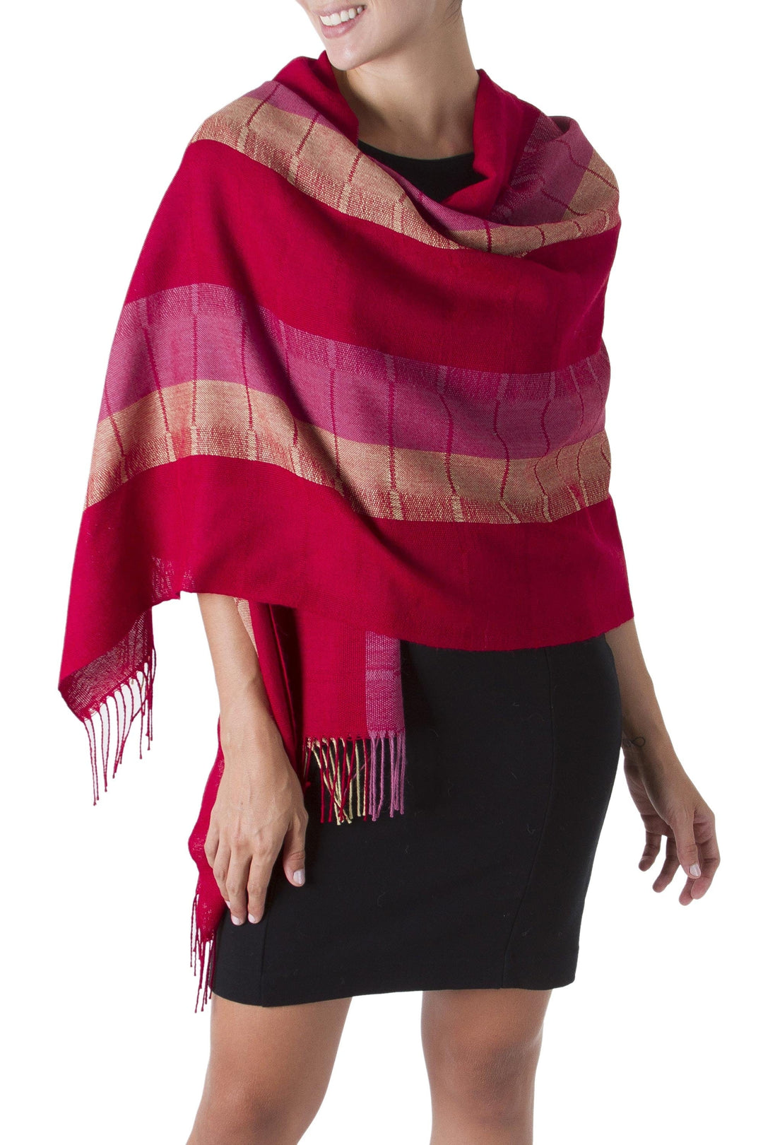 Woven 100% Alpaca Shawl in Red and Fuchsia - Red Rose of Tarma