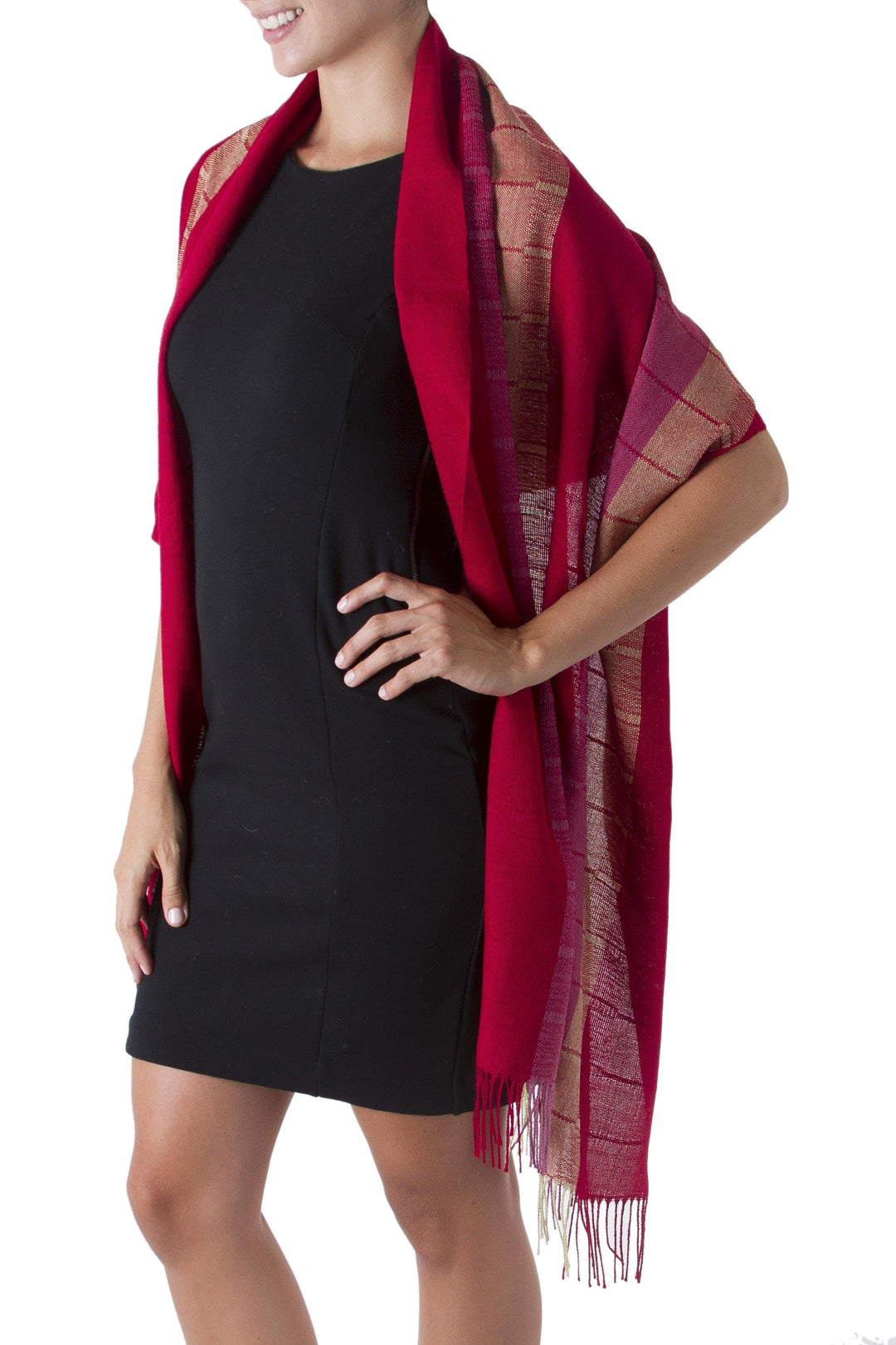 Woven 100% Alpaca Shawl in Red and Fuchsia - Red Rose of Tarma