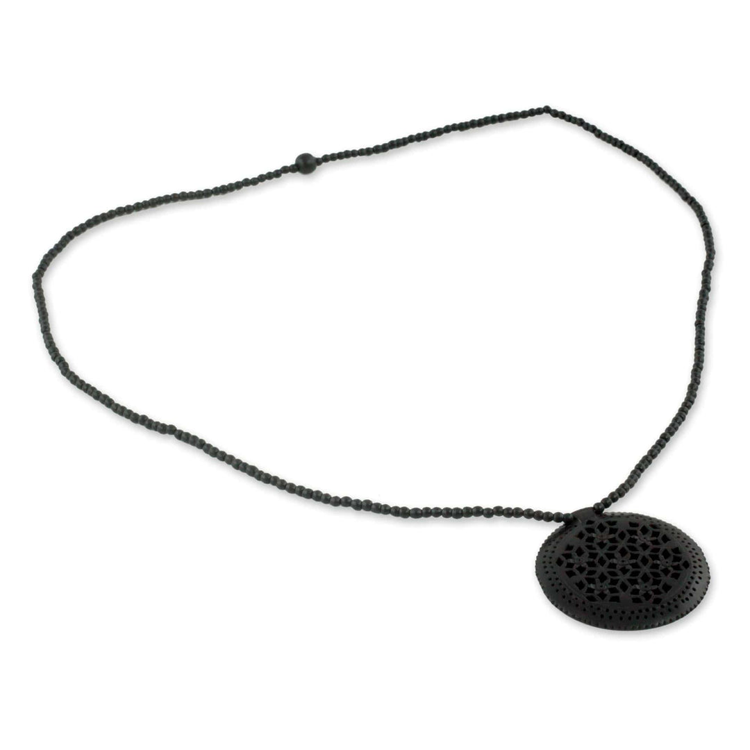 Jali Jewelry Ebony Wood Beaded Necklace - Mughal Enchantress Medallion