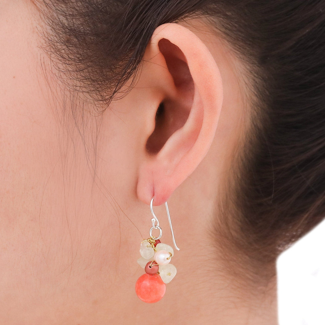 Handcrafted Pearl Carnelian Prehnite Cluster Earrings - Spicy Peach