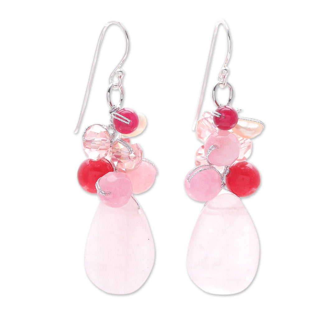 Handcrafted Thai Quartz Cluster Earrings - Pink Rose