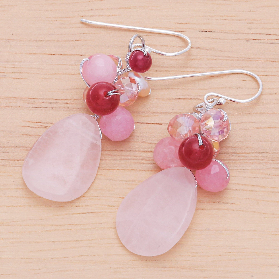Handcrafted Thai Quartz Cluster Earrings - Pink Rose