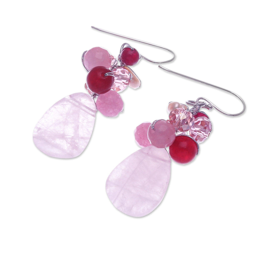 Handcrafted Thai Quartz Cluster Earrings - Pink Rose