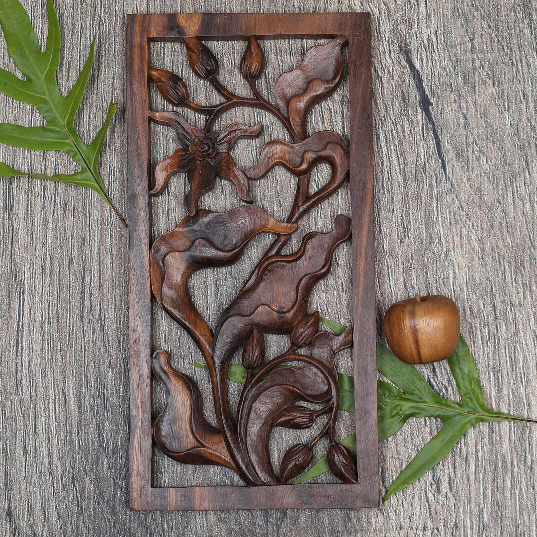 Hand Carved Orchid Relief Wall Panel - Bali Orchid
