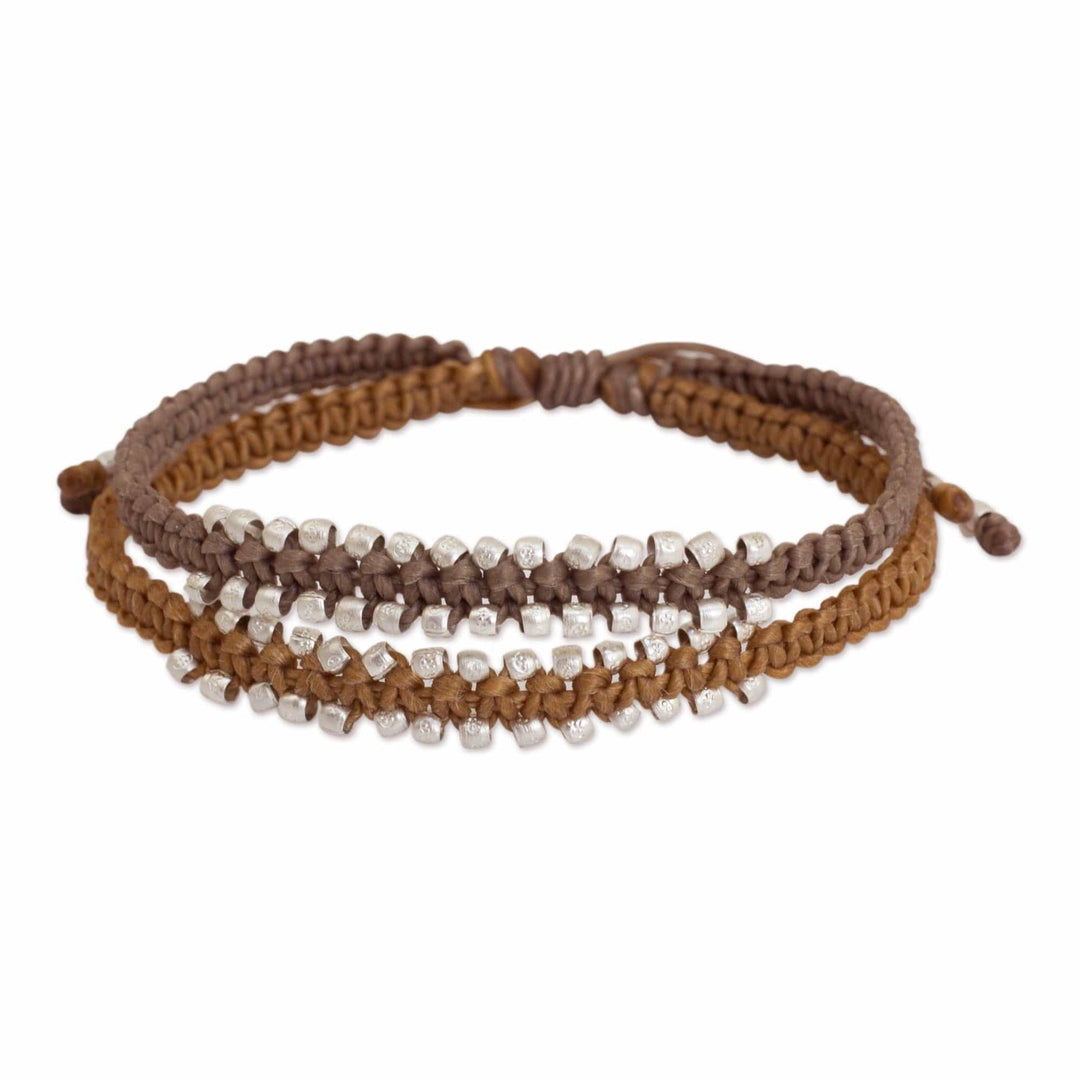 Artisan Crafted Braided Bracelet with Silver Plated Beads - Khaki Brown Urban Siam