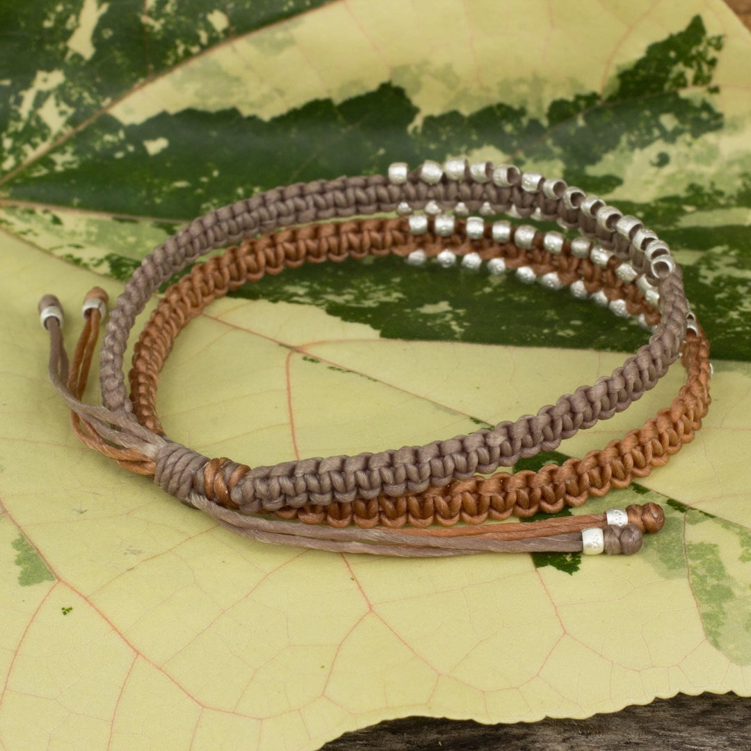 Artisan Crafted Braided Bracelet with Silver Plated Beads - Khaki Brown Urban Siam