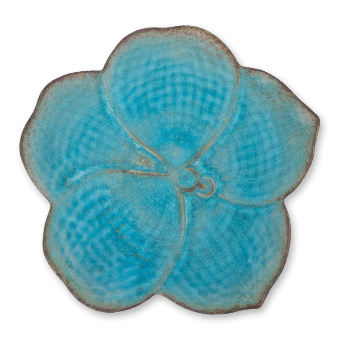 Handmade Floral Celadon Ceramic Salad Plate - Turquoise Vanda