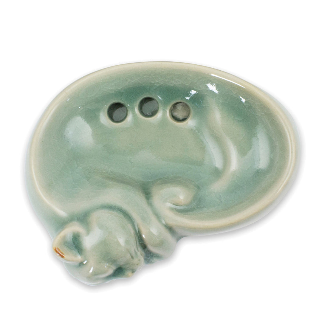 Celadon Ceramic Soap Dish Crafted by Hand in Thailand - Light Blue Napping Kitty