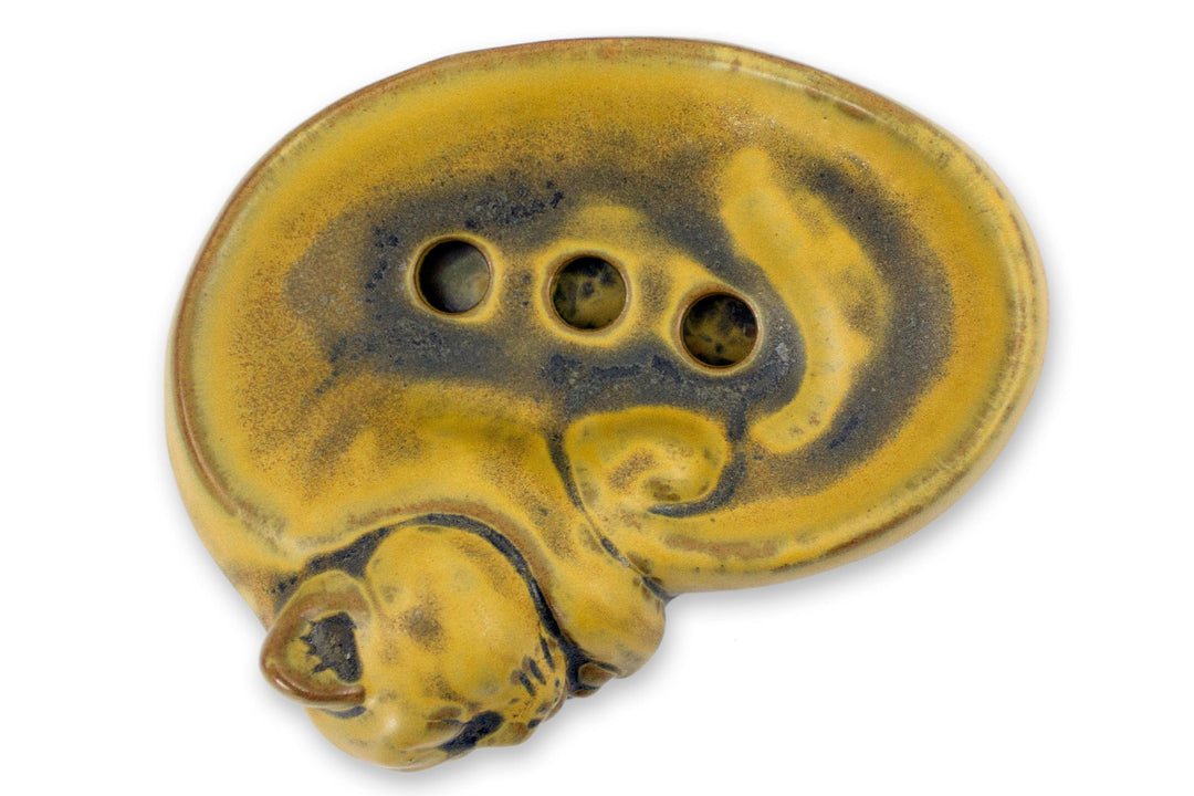 Ceramic Soap Dish Artisan Crafted in Thailand - Yellow Napping Kitt