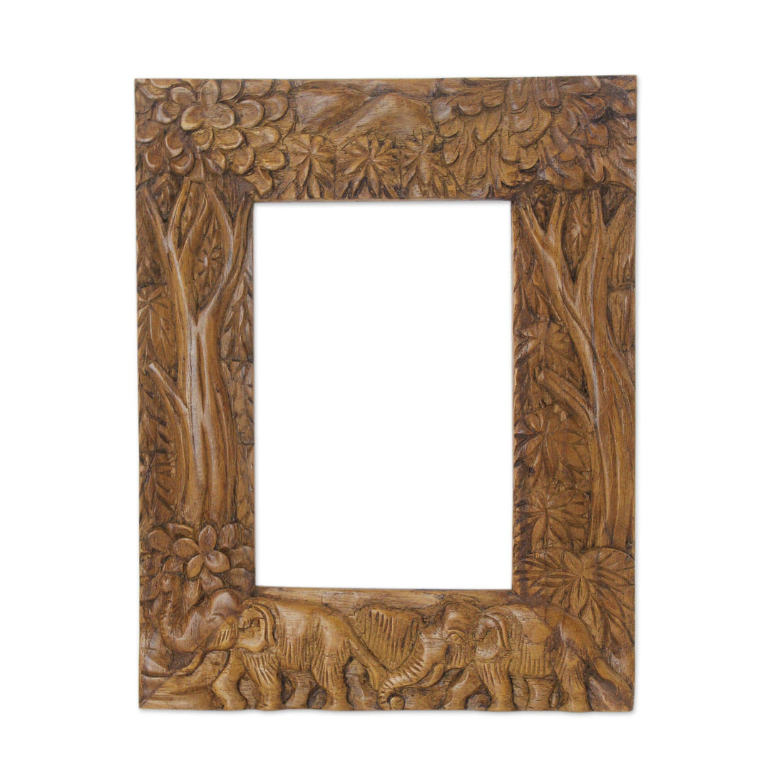 Hand Crafted 4x6 Teak Wood Photo Frame with Elephants - Never Forget