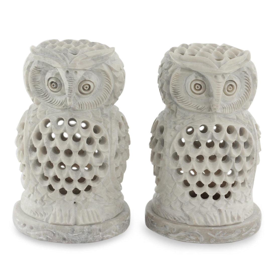 Hand Carved Soapstone Owl Candle Holders (Pair) - Lucky Owls