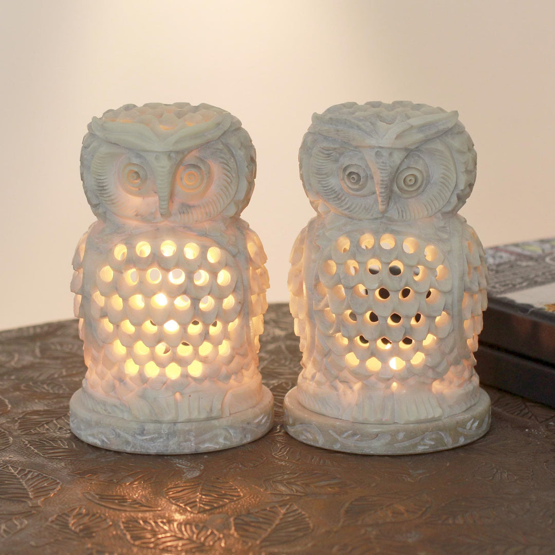 Hand Carved Soapstone Owl Candle Holders (Pair) - Lucky Owls