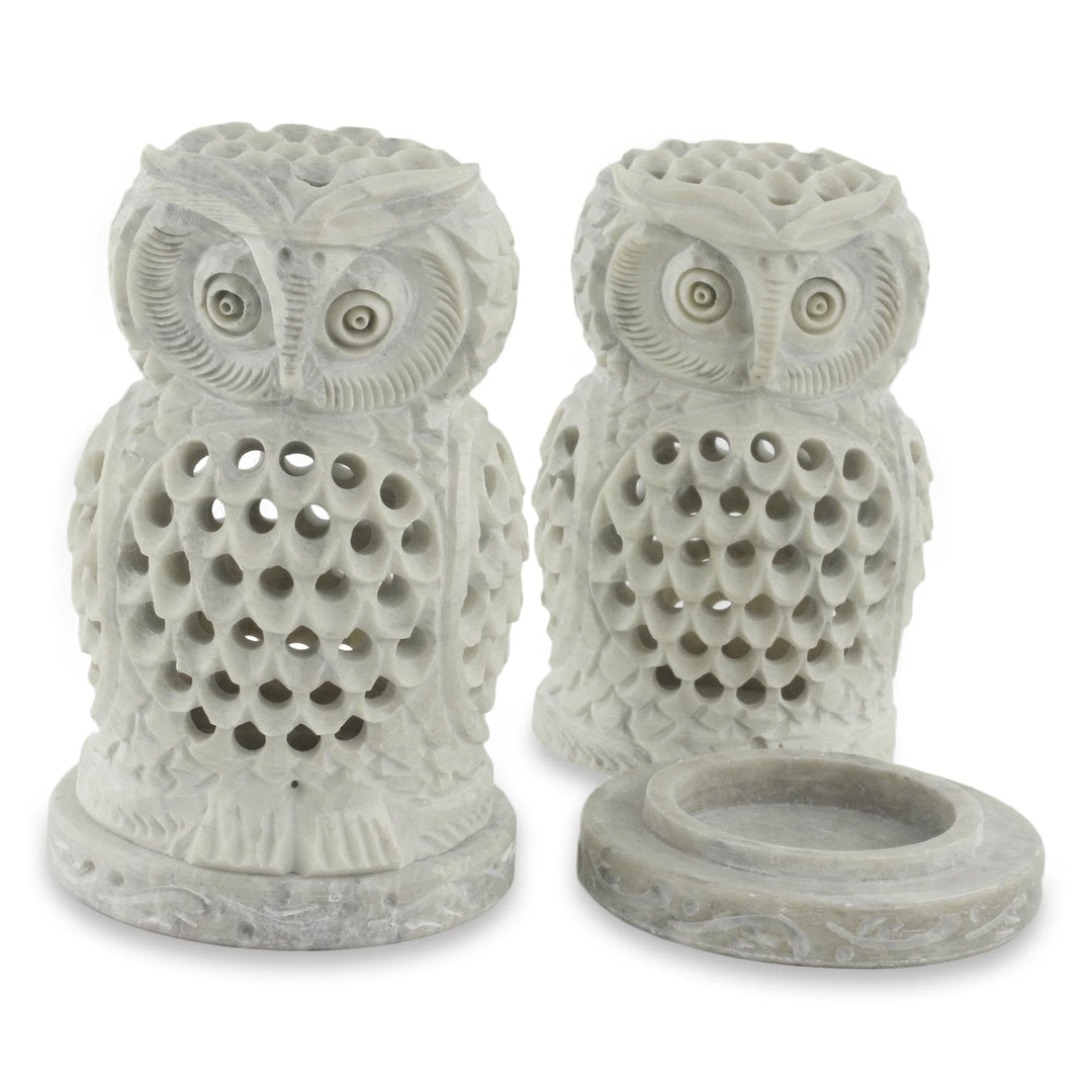 Hand Carved Soapstone Owl Candle Holders (Pair) - Lucky Owls