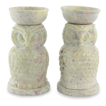 Hand Carved Soapstone Owl Aromatic Oil Warmers (Pair) - Lucky Owls