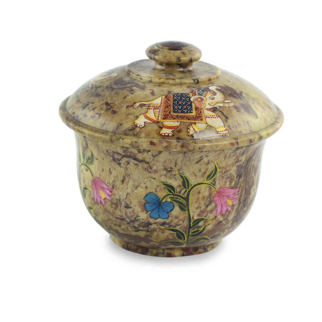 Hand Painted Elephant Motif Soapstone Box and Lid - Elephant Garden