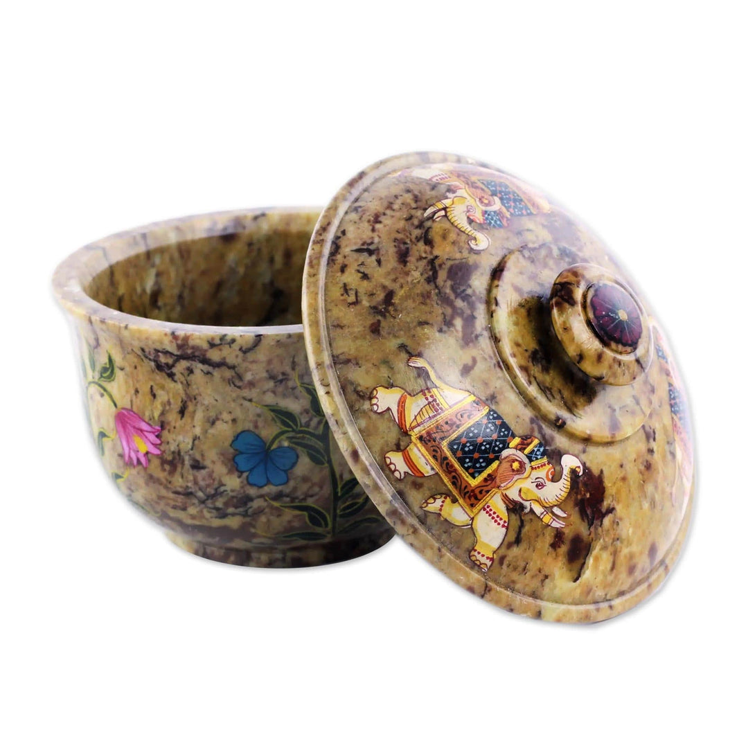Hand Painted Elephant Motif Soapstone Box and Lid - Elephant Garden