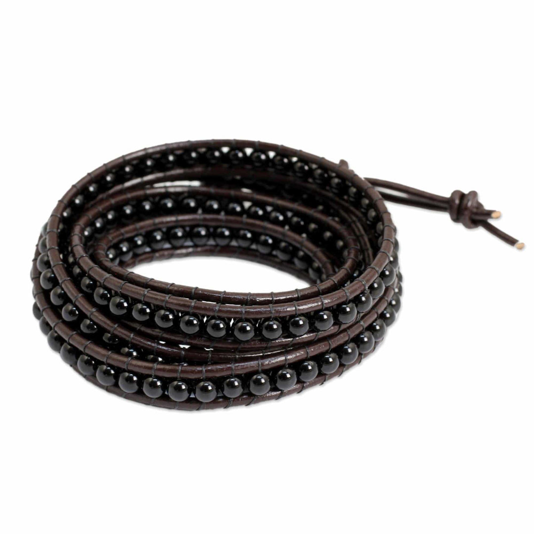 Hand Knotted Onyx and Leather Wrap Bracelet from Thailand - Black Sun
