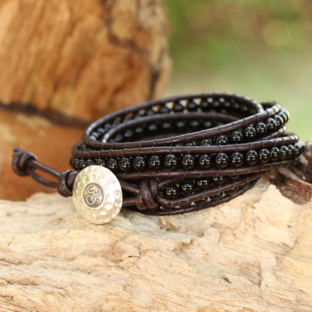 Hand Knotted Onyx and Leather Wrap Bracelet from Thailand - Black Sun