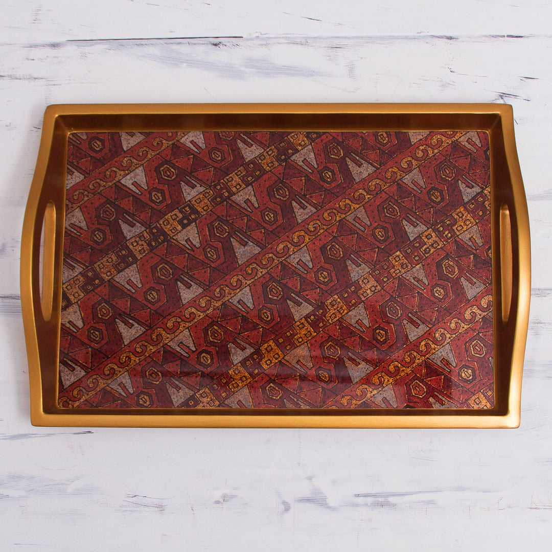 Painted Glass Handcrafted Copper Color Tray - Paracas Birds