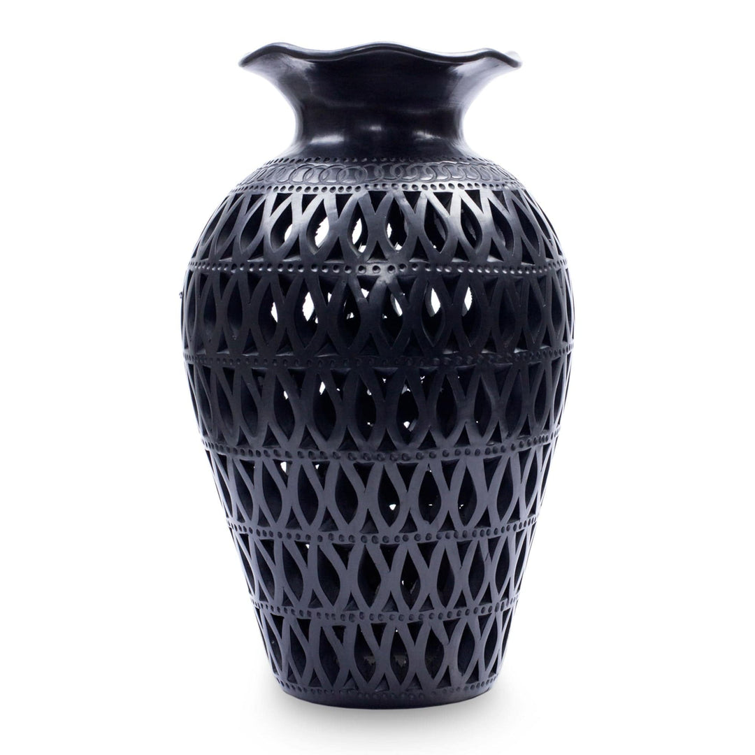 Mexican Cutout Black Pottery Vase - Magic Leaves