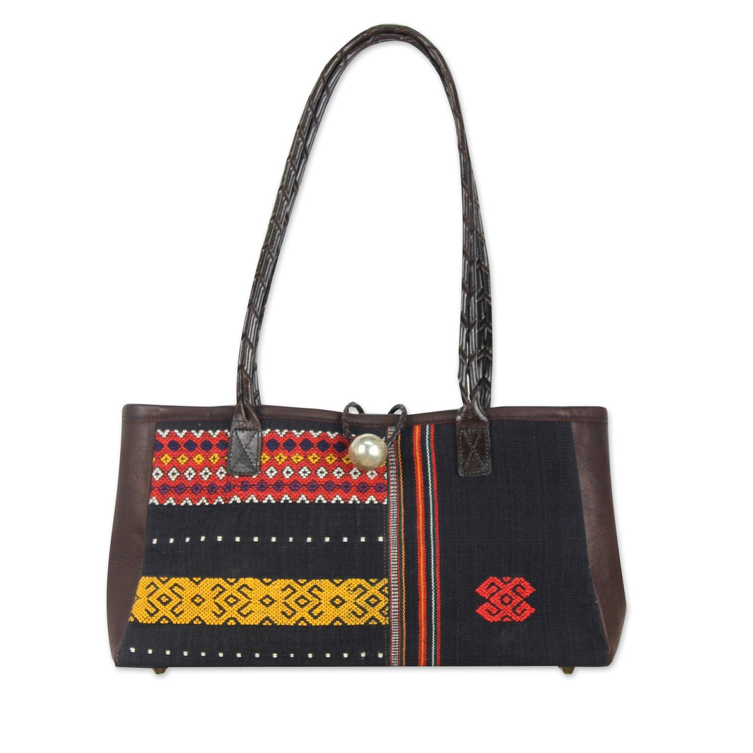 Leather Accent Handwoven Cotton Shoulder Bag - Naga Tribal Black