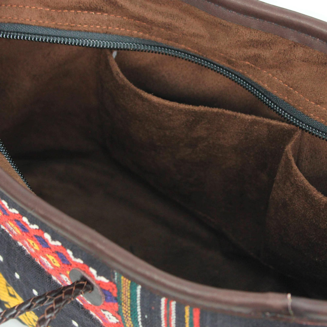 Leather Accent Handwoven Cotton Shoulder Bag - Naga Tribal Black