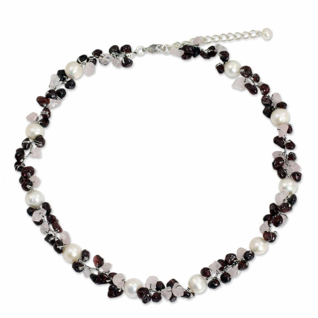 Hand Knotted Pearl Garnet and Rose Quartz Choker Necklace - Luscious Chic
