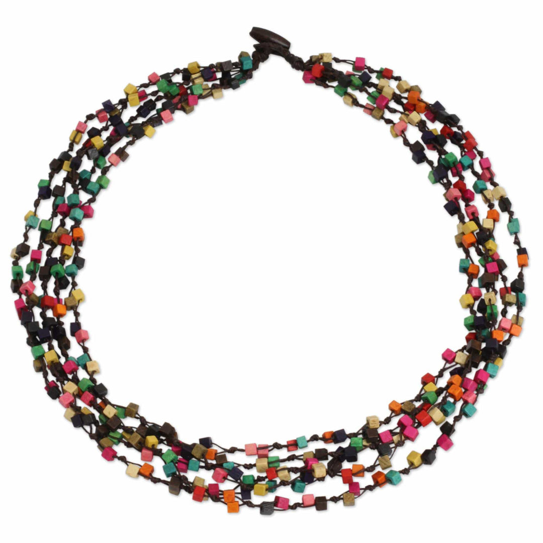 Artisan Crafted Multicolor Wood Beaded Torsade Necklace - Petchaburi Belle