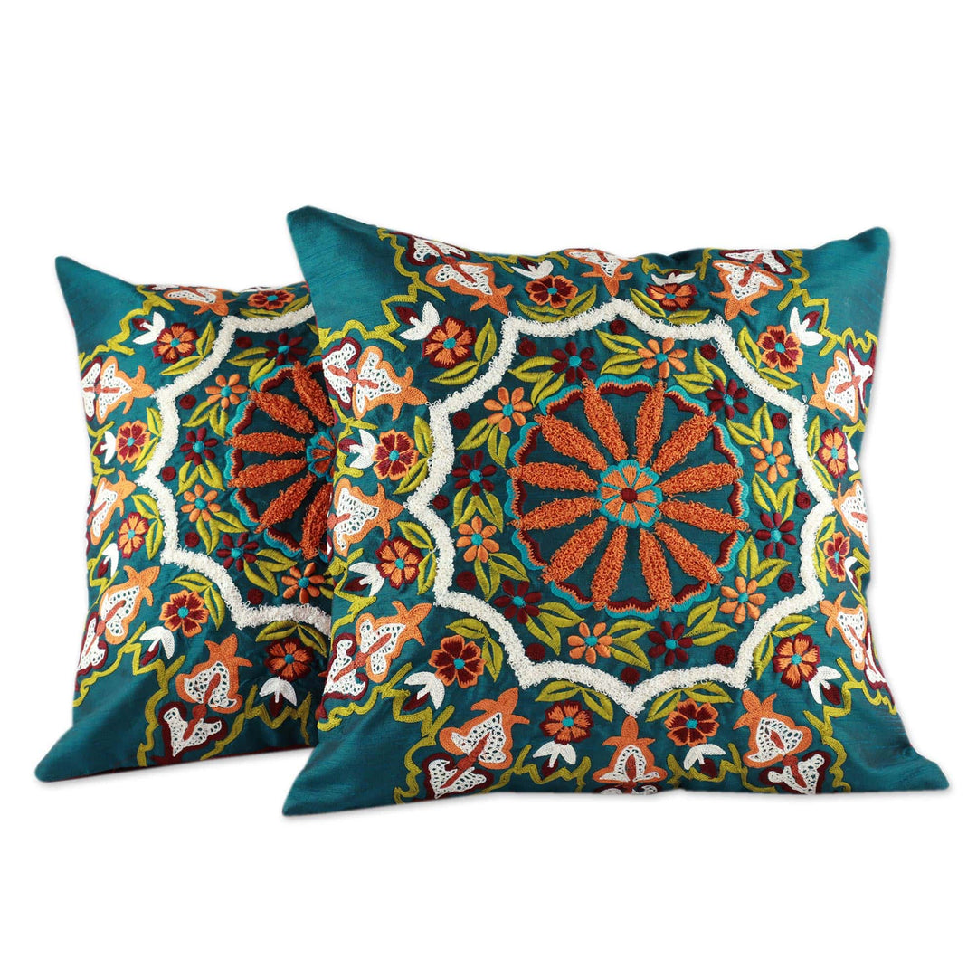 Green Floral Embroidered Cushion Covers (Pair) - Floral Forest