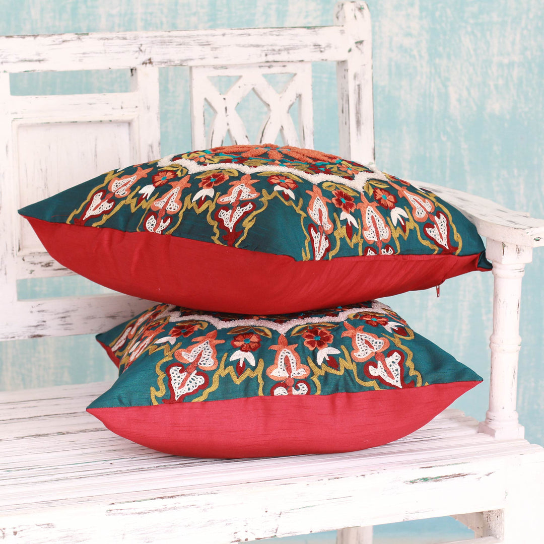 Green Floral Embroidered Cushion Covers (Pair) - Floral Forest