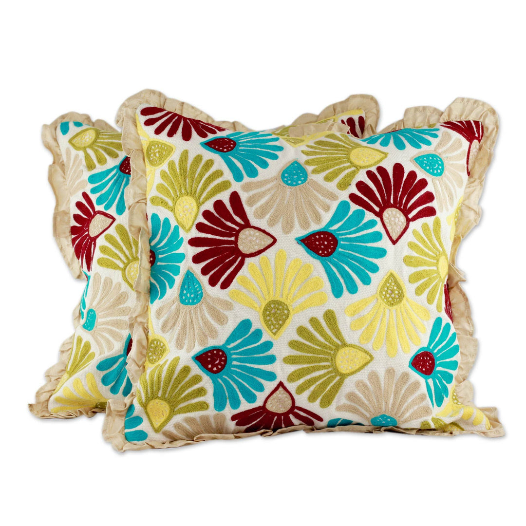 Floral Embroidered Cushion Covers with Ruffles (Pair) - Floral Delight