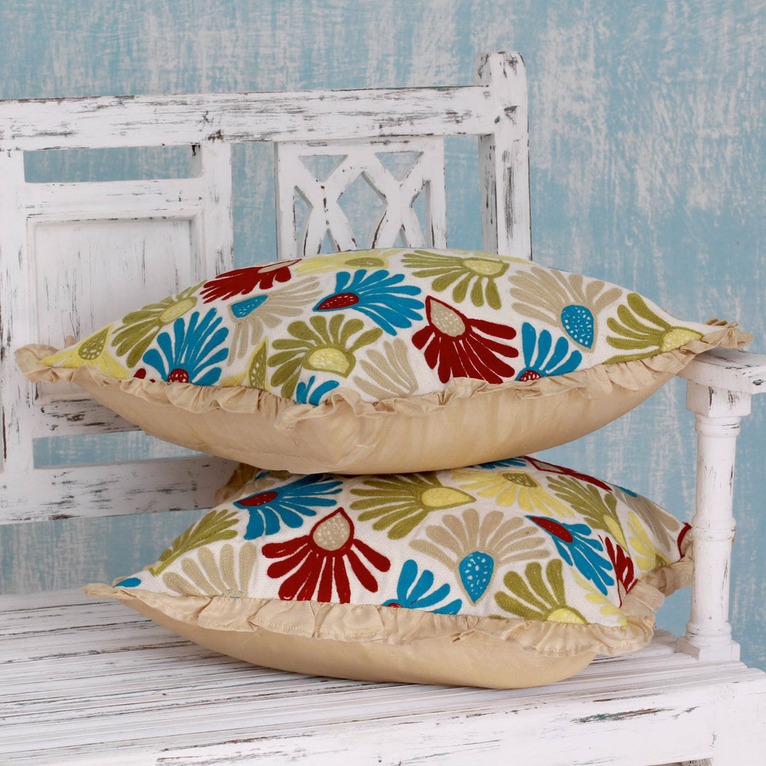 Floral Embroidered Cushion Covers with Ruffles (Pair) - Floral Delight