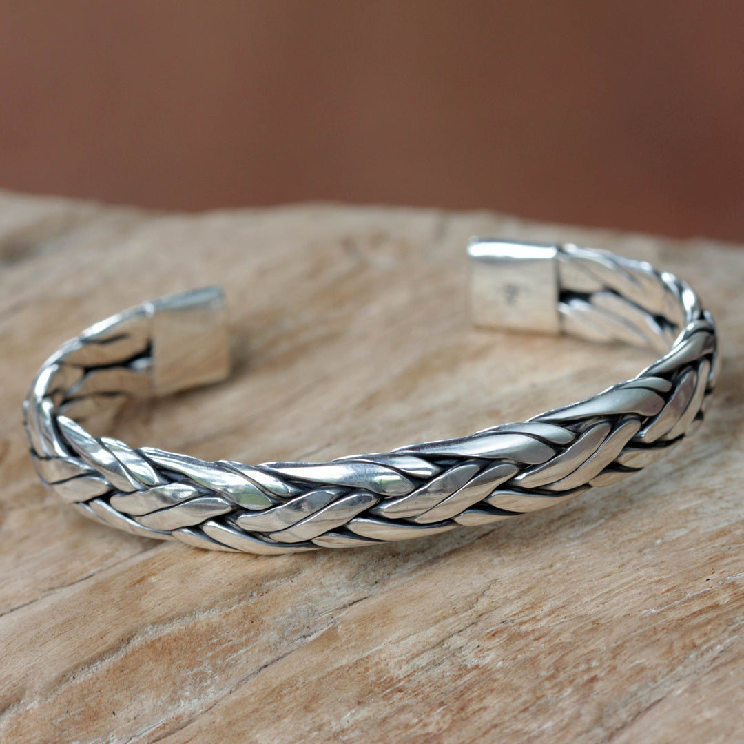 Braided Sterling Silver Cuff Bracelet from Bali - Singaraja Weave