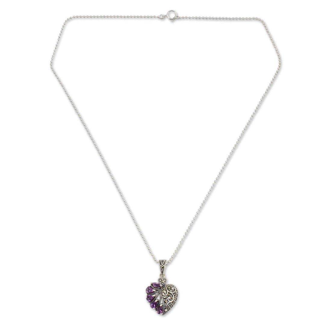 Amethyst Marcasite and Sterling Silver Heart Necklace - Spectacular Romance