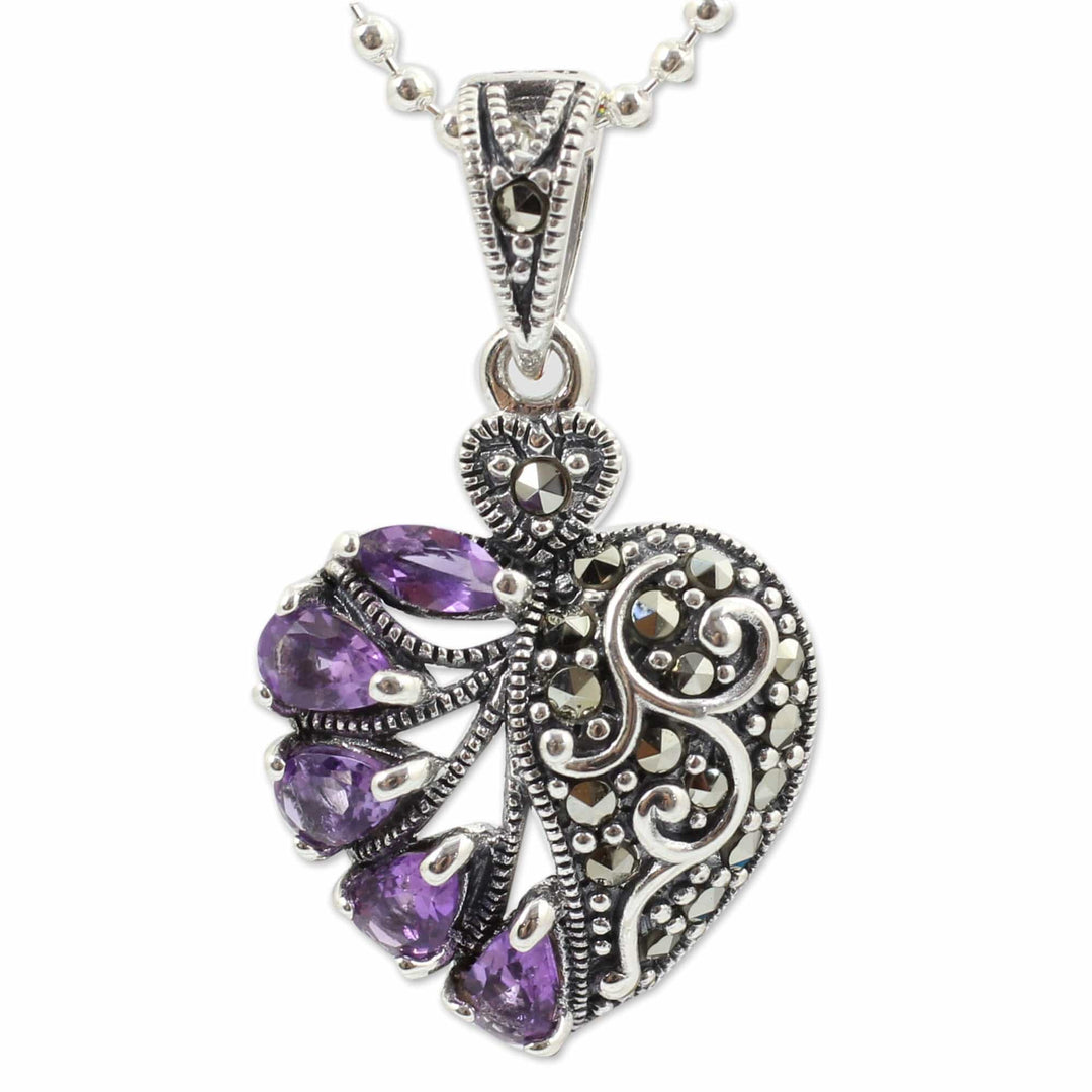 Amethyst Marcasite and Sterling Silver Heart Necklace - Spectacular Romance