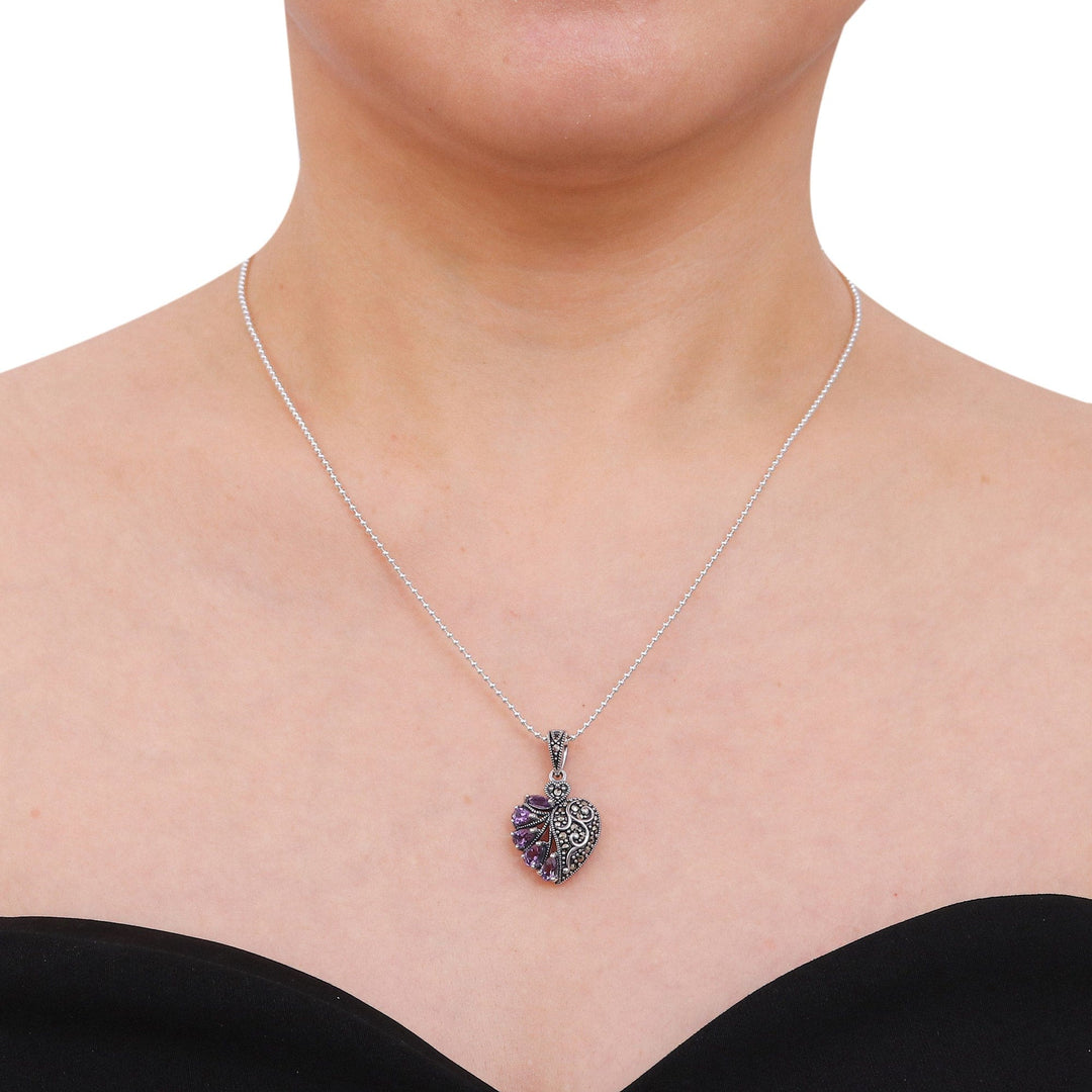 Amethyst Marcasite and Sterling Silver Heart Necklace - Spectacular Romance