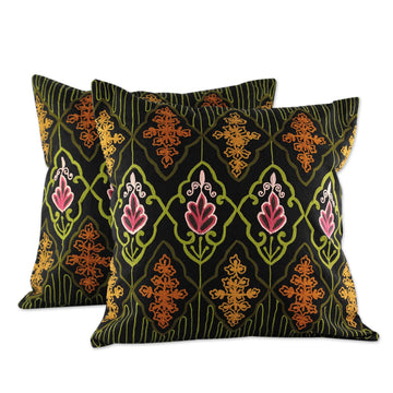2 Chain Stitch Embroidery Cushion Covers - Floral Night