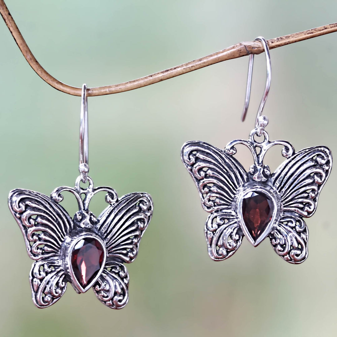 Handcrafted Sterling Silver and Garnet Butterfly Earrings - Enchanted Butterfly