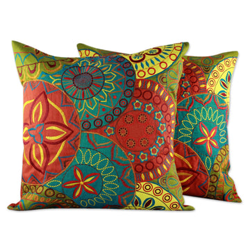 2 Orange and Teal Embroidered Applique Cushion Covers - Glorious