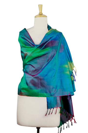 Tie Dye Blue and Green Varanasi Silk Shawl - Cool Color Fusion
