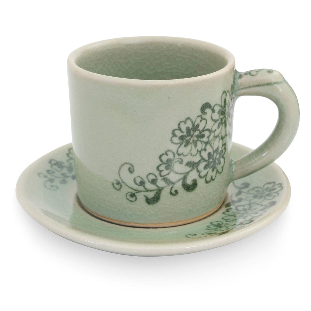Hand Painted Green Celadon Espresso Cup and Saucer - Jade Blossoms