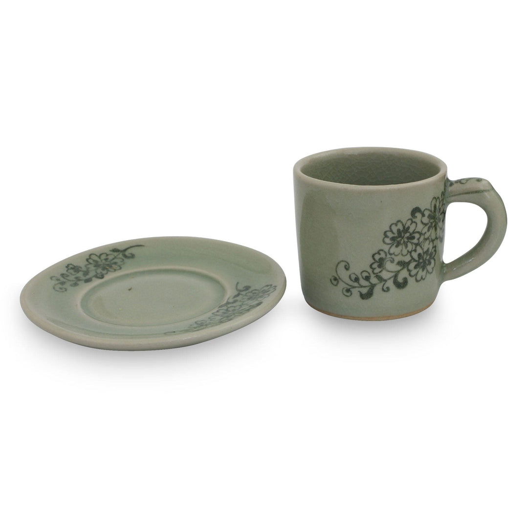 Hand Painted Green Celadon Espresso Cup and Saucer - Jade Blossoms