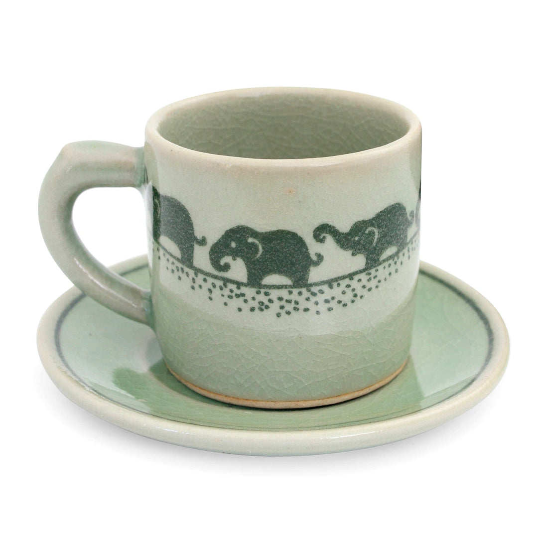 Green Celadon Elephant Espresso Cup and Saucer - Prancing Elephants