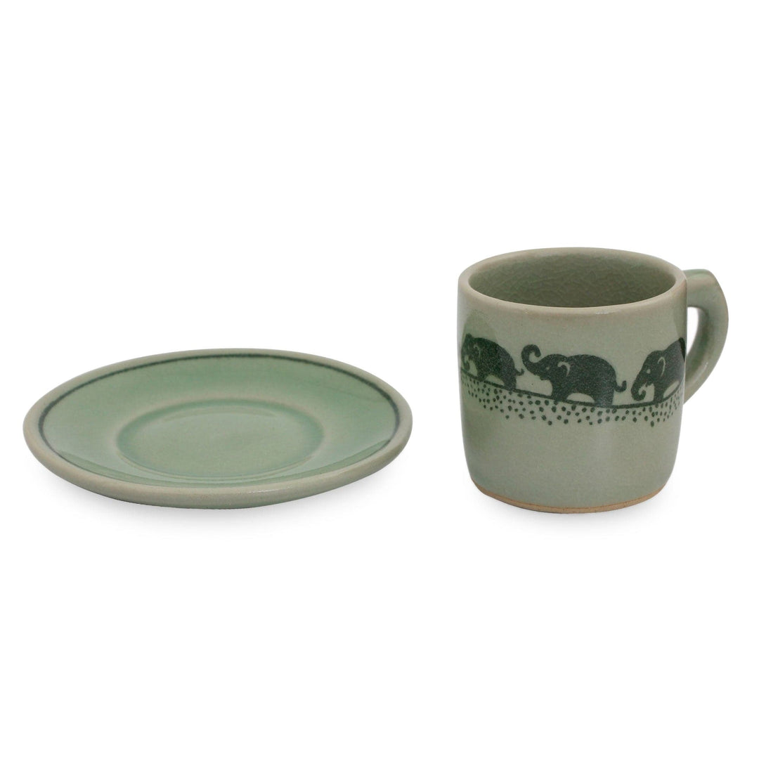 Green Celadon Elephant Espresso Cup and Saucer - Prancing Elephants