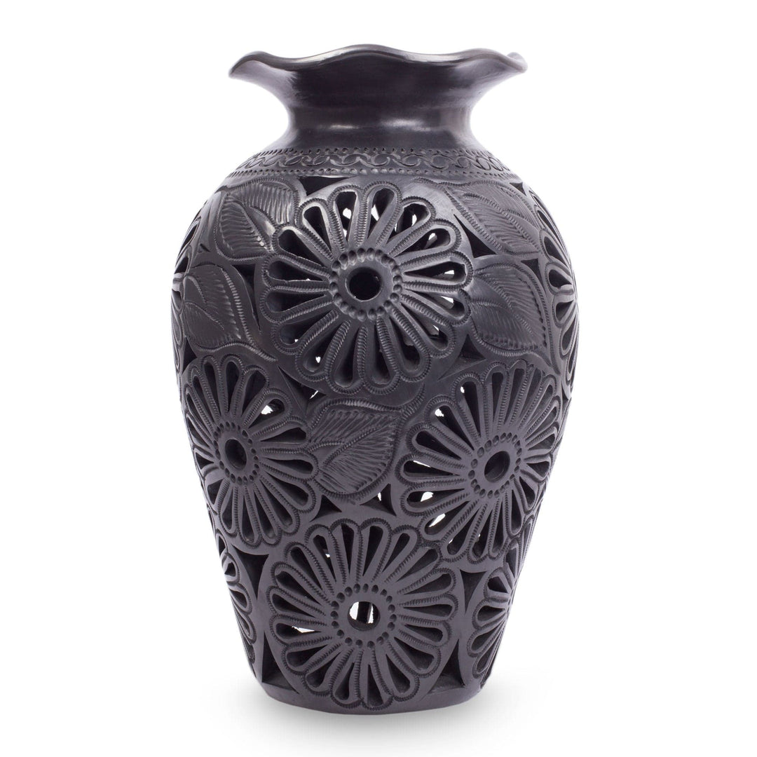 Ornate Floral Black Pottery Vase - Ruffled Dahlias