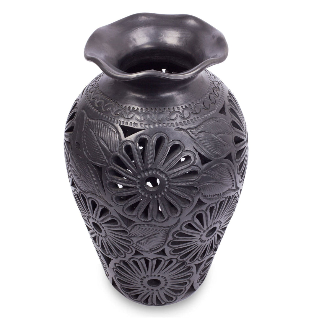 Ornate Floral Black Pottery Vase - Ruffled Dahlias